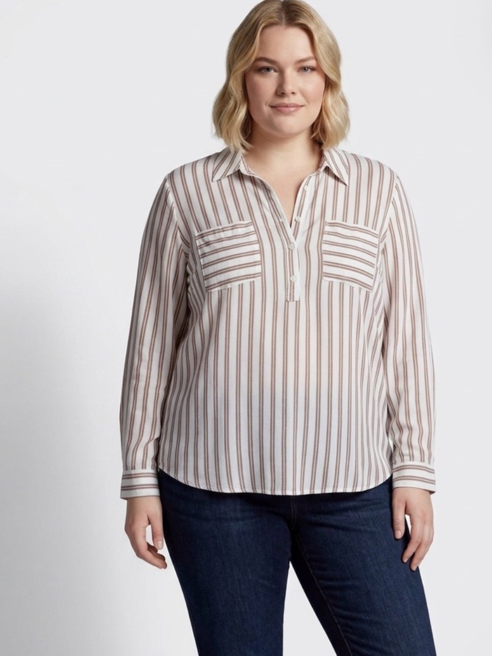 Isabel Maternity by Ingrid & Isabel Cream and Brown Striped Button-Down Henley